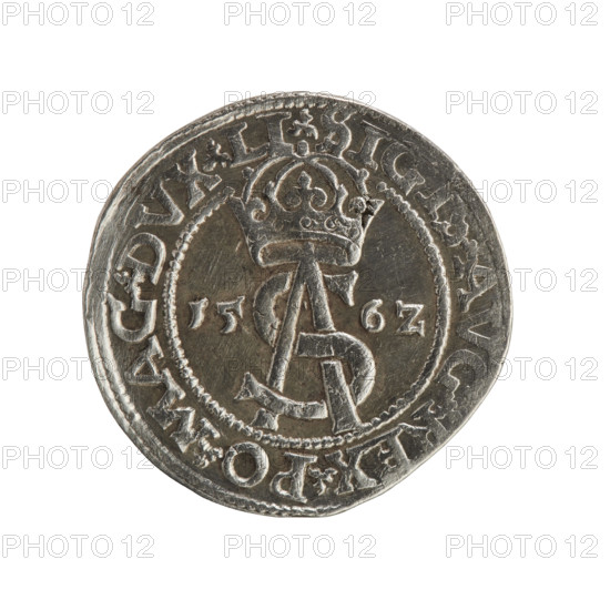 Lithuanian troika, Sigismund II Augustus (king of Poland; 1544–1572), emblems, Jagiellons (dynasty), Polish coins, Pogon (emblem; Lithuania), SA monogram, tied monograms, monograms, royal monograms. Obverse: under the crown a tied monogram composed of the letters SA, on the sides the year 15 - 6Z, rim inscription: .SIGIS.AVG.REX.PO.MAG.DVX.LI. Reverse: Lithuanian Pursuit (Pogon) facing left, below the value number III and the Column coat of arms dividing the rim inscription: .GROSS.AR.TRIP - MAG.DVCA.L. 1562, Vilnius, Grand Duchy of Lithuania; coin; diameter 20.7–21.5 mm; weight 2.97 g.