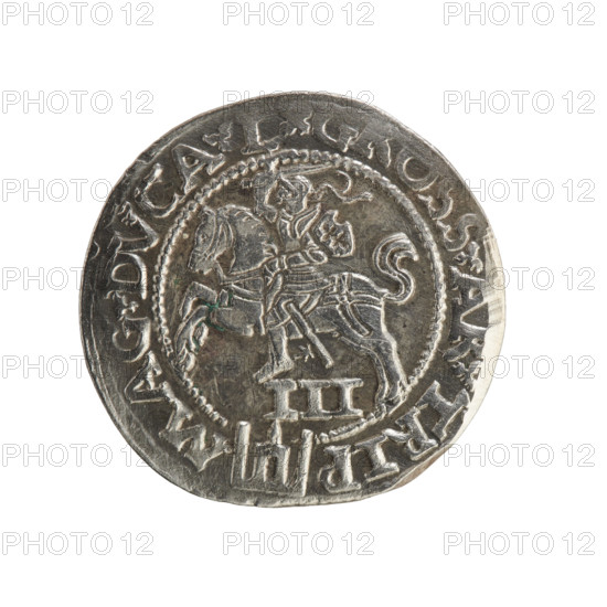 Lithuanian troika, Sigismund II Augustus (king of Poland; 1544–1572), emblems, Jagiellons (dynasty), Polish coins, Pogon (emblem; Lithuania), SA monogram, tied monograms, monograms, royal monograms. Obverse: under the crown a tied monogram composed of the letters SA, on the sides the year 15 - 6Z, in the rim the inscription .SIGIS.AVG.REX.PO.MAG.DVX.LI. Reverse: Lithuanian Pursuit facing left, below the value number III and the Column coat of arms dividing the inscription in the rim: .GROSS.AR.TRIP - MAG.DVCA.L. 1562, Vilnius, Grand Duchy of Lithuania; coin; diameter 20.7–21.5 mm; weight 2.97 g.