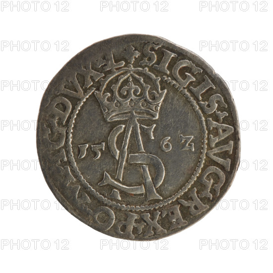 Lithuanian troika; Sigismund II Augustus (king of Poland, 1544–1572); emblems of the Jagiellon dynasty; Pogon (Lithuanian emblem); monograms; royal tied monogram SA. Obverse: under the crown a tied monogram composed of the letters SA, year on the sides: 15 - 6Z, inscription around the rim: .SIGIS.AVG.REX.PO.MAG.DVX.L. Reverse: Lithuanian Pogon facing left, below the value number III and the Column coat of arms dividing the rim inscription: .GROSS.AR.TRIP - MAG.DVCA.LI. Date: 1562, place: Vilnius, Grand Duchy of Lithuania (Poland). Coin; diameter approx. 22.0–22.8 mm; weight 3 g.
