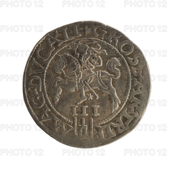 Lithuanian troika, Sigismund II Augustus (king of Poland; 1544–1572), emblems, Jagiellons (dynasty), Polish coins, Pogon (emblem; Lithuania), monograms, royal monograms, SA monogram, tied monograms. Obv. Under the crown a tied monogram composed of the letters SA, on the sides the year: 15 - 6Z, inscription around the rim: .SIGIS.AVG.REX.PO.MAG.DVX.L. Rv. Lithuanian Pursuit facing left, below the value number III and the Column coat of arms dividing the inscription in the rim: .GROSS.AR.TRIP - MAG.DVCA.LI. 1562, Vilnius, Grand Duchy of Lithuania. Coin; diameters 22.0 mm and 22.8 mm; weight 3 g.