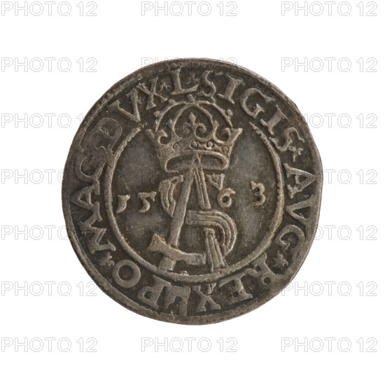 Lithuanian troika, Sigismund II Augustus (king of Poland; 1544–1572), Tarlo, Gabriel (ca. 1486–1565), coats of arms, Jagiellonians (dynasty), Polish coins, SA monogram, monograms, royal monograms, tied monograms, Pogon (coat of arms; Lithuania), heraldic shields, heraldic shields under a ducal mitre. Obverse: under the crown a tied monogram composed of the letters SA, on the sides year: 15 - 63, on the rim an inscription divided by the Topór coat of arms: .SIGIS.AVG.REX - PO.MAG.DVX.L R. Reverse: under the prince's mitre dividing the rim, a shield with the Lithuanian Pahonia and the value number III, in the rim the inscription: GROSS.AR.TRIP.MAG.DVCA.LI. Date: 1563. Place: Vilnius, Grand Duchy of Lithuania (Poland–Lithuania). Coin; diameter 20.7–21.5 mm; weight 3.05 g.