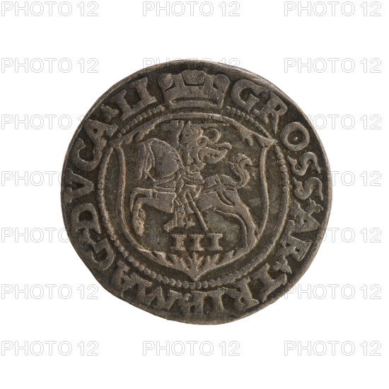 Lithuanian troika, Sigismund II Augustus (king of Poland; 1544–1572), Tarlo, Gabriel (ca. 1486–1565), coats of arms, Jagiellonians (dynasty), Polish coins, SA monogram, monograms, royal monograms, tied monograms, Pogon (coat of arms; Lithuania), heraldic shields, heraldic shields under a ducal mitre. Obverse: under the crown a tied monogram composed of the letters SA, flanked by the date 15 - 63, rim inscription divided by the Topór coat of arms: .SIGIS.AVG.REX - PO.MAG.DVX.L. Reverse: under the prince's mitre, a shield with the Lithuanian Pahonia and the value number III, rim inscription: GROSS.AR.TRIP.MAG.DVCA.LI. Dated 1563, Vilnius, Grand Duchy of Lithuania. Coin; diameter 20.7–21.5 mm; weight 3.05 g.