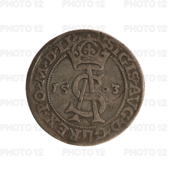 Lithuanian trojak, Sigismund II Augustus (king of Poland; 1544–1572). Obverse: under the crown a tied monogram composed of the letters SA, flanked by year 15 - 63; rim inscription divided by the Topór coat of arms: .SIGIS.AVG.DG - REX.PO.MDLI. Reverse: under the prince's mitre, a shield with the Lithuanian Pahonia and the value number III; rim inscription: GROSS.AR.TRIP.MAG.DVCA.LI. 1563. Tarlo, Gabriel (ca. 1486–1565). Jagiellonian dynasty; coats of arms; SA monogram; tied monograms; Pogon (coat of arms); heraldic shields under a ducal mitre. Coin, Grand Duchy of Lithuania (Vilnius, Poland). Diameter ~21.0–21.5 mm; weight 2.82 g.