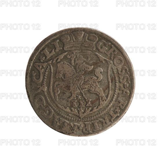 Lithuanian trojak, Sigismund II Augustus (king of Poland; 1544–1572). Obverse: under the crown a tied monogram composed of the letters SA, flanked by the date 15 - 63; rim inscription: .SIGIS.AVG.DG - REX.PO.MDLI. Reverse: under the prince's mitre dividing the rim, a shield with the Lithuanian Pahonia and the value number III; rim inscription: GROSS.AR.TRIP.MAG.DVCA.LI. Dated 1563, struck in Vilnius, Grand Duchy of Lithuania. Features coats of arms (Pogon), heraldic shields under a ducal mitre, tied monograms, SA royal monogram. Coin (trojak), diameter ~21.0–21.5 mm, weight 2.82 g.
