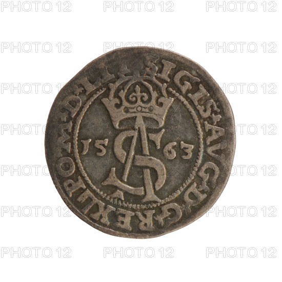 Lithuanian trojak, Sigismund II Augustus (king of Poland; 1544–1572); Gabriel Tarlo (ca. 1486–1565); Jagiellonian dynasty; coats of arms; Polish coin; monograms (SA monogram, tied/royal monograms); Pogon (Lithuanian coat of arms); coats of arms under the ducal mitre. Obverse: under the crown a tied monogram composed of the letters SA, flanked by the year 15 - 63; on the rim inscription divided by the Topór coat of arms: .SIGIS.AVG.DGREX - PO.MDLIT. Reverse: under the prince's mitre, a shield with the Lithuanian Pahonia and the value number III; on the rim the inscription GROSS.AR.TRIP.MAG.DVCA.LI. Date: 1563, Vilnius, Grand Duchy of Lithuania (Poland). Coin; diameter ~20.7–21.0 mm; weight 2.89 g.