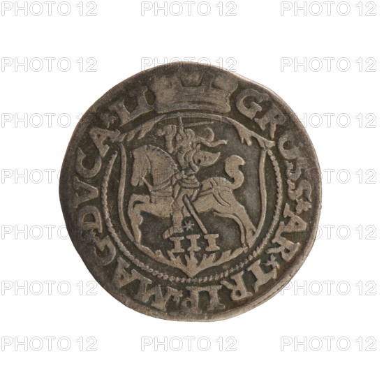 Lithuanian trojak, Sigismund II Augustus (king of Poland; 1544–1572); maker: Gabriel Tarlo (ca. 1486–1565); dynasty: Jagiellonians. Silver coin (trojak), 1563, Grand Duchy of Lithuania (Vilnius). Obverse: under the crown a tied monogram composed of the letters SA, flanked by the year 15 - 63; rim inscription: .SIGIS.AVG.DGREX - PO.MDLIT. Reverse: under the ducal mitre a shield with the Lithuanian Pahonia (Pogon) and the value III; rim inscription: GROSS.AR.TRIP.MAG.DVCA.LI. Features: royal monograms, tied monograms, coats of arms (Topór and Pogon). Diameter ~20.7–21.0 mm; weight 2.89 g.