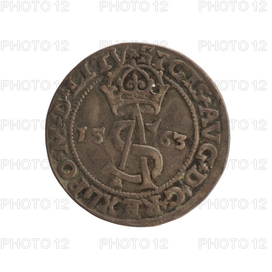 Lithuanian trojak, Sigismund II Augustus (king of Poland; 1544–1572), Tarlo, Gabriel (ca. 1486–1565), Jagiellonians (dynasty); coats of arms; Polish coin; monograms; royal tied monogram SA; Pogon (coat of arms; Lithuania); coat of arms escutcheons under the ducal mitre. Obverse: under the crown a tied monogram composed of the letters SA; on the sides year: 15 - 63; on the rim an inscription divided by the Topór coat of arms: .SIGIS.AVG.DG - REX.PO.MDLITV. Reverse: under the prince's mitre dividing the rim, a shield with the Lithuanian Pahonia and the value number III; in the rim the inscription: GROSS.AR.TRIP.MAG.DVCA.L. Date: 1563. Place: Vilnius, Grand Duchy of Lithuania, Poland. Medium: coin. Diameter: 20.8–21.0 mm. Weight: 3.05 g.