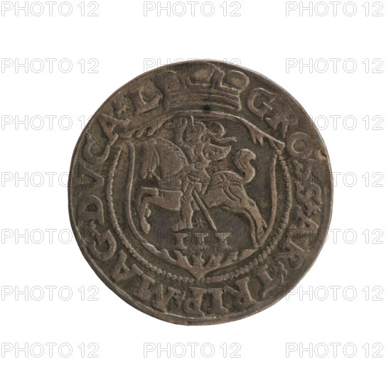 Lithuanian trojak, Sigismund II Augustus (king of Poland; 1544–1572); Gabriel Tarlo (ca. 1486–1565); Jagiellonian dynasty; coats of arms; Polish coin; royal tied monogram SA under the crown; year on sides: 15 - 63 (1563); rim inscription divided by the Topór coat of arms: SIGIS.AVG.DG - REX.PO.MDLITV; reverse under the prince's mitre a shield with the Lithuanian Pahonia and value numeral III; rim inscription: GROSS.AR.TRIP.MAG.DVCA.L; 1563; Vilnius, Grand Duchy of Lithuania, Poland; coin; diameter 20.8–21.0 mm; weight 3.05 g.