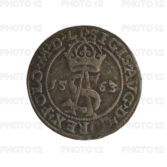 Lithuanian troika, Sigismund II Augustus (king of Poland; 1544–1572), Tarlo, Gabriel (ca. 1486–1565), Jagiellonians (dynasty), coats of arms, Polish coins, SA monogram, royal monograms, tied monograms, Pogon (coat of arms; Lithuania), heraldic shields, monograms, heraldic shields under a ducal mitre. Obverse: under the crown a tied monogram composed of the letters SA, flanked by the year 15 - 63; on the rim an inscription divided by the Topór coat of arms: .SIGIS.AVG.DG - REX.POLO.MDLI. Reverse: under the ducal mitre, a shield with the Lithuanian Pahonia and the value number III; on the rim the inscription: GROSS.AR.TRIP.MAG.DVCA.LI. Date: 1563. Place: Vilnius, Grand Duchy of Lithuania, Poland. Coin. Diameter 21.0–21.4 mm. Weight 2.86 g.