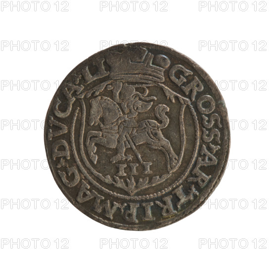 Lithuanian troika, Sigismund II Augustus (king of Poland; 1544–1572), Tarlo, Gabriel (ca. 1486–1565), Jagiellonians (dynasty), coats of arms, Polish coins, SA monogram, royal monograms, tied monograms, Pogon (coat of arms; Lithuania), heraldic shields, monograms, heraldic shields under a ducal mitre. Obverse: under the crown a tied monogram composed of the letters SA, on the sides year: 15 - 63, on the rim an inscription divided by the Topór coat of arms: .SIGIS.AVG.DG - REX.POLO.MDLI. Reverse: under the ducal mitre dividing the rim, a shield with the Lithuanian Pahonia and the value number III, in the rim the inscription: GROSS.AR.TRIP.MAG.DVCA.LI. Dated 1563. Coin (Grand Duchy of Lithuania, Poland), diameter ~21.0–21.4 mm, weight 2.86 g.