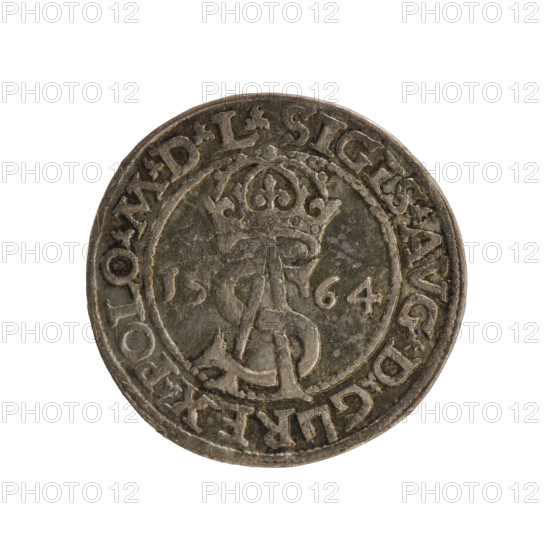Lithuanian trojak, Sigismund II Augustus (king of Poland; 1544–1572); Tarlo, Gabriel (ca. 1486–1565); Jagiellonians (dynasty). Materials/subject: Polish coin (Lithuanian trojak), 1564. Obverse: under the crown a tied monogram composed of the letters SA; on the sides year: 15 - 64; on the rim an inscription divided by the Topór coat of arms: .SIGIS.AVG.DG - REX.POLO.MDL. Reverse: under the prince's mitre, a shield with the Lithuanian Pahonia and the value number III; in the rim the inscription: GROSS.AR.TRIP.MAG.DVCA.L. Features: coats of arms, monograms, royal monograms, Pogon (coat of arms; Lithuania), tied monograms, SA monogram, coat of arms escutcheons under the ducal mitre. Date/place: 1564, Vilnius, Grand Duchy of Lithuania, Poland. Measurements: diameter 21.0–21.3 mm; weight 2.96 g.