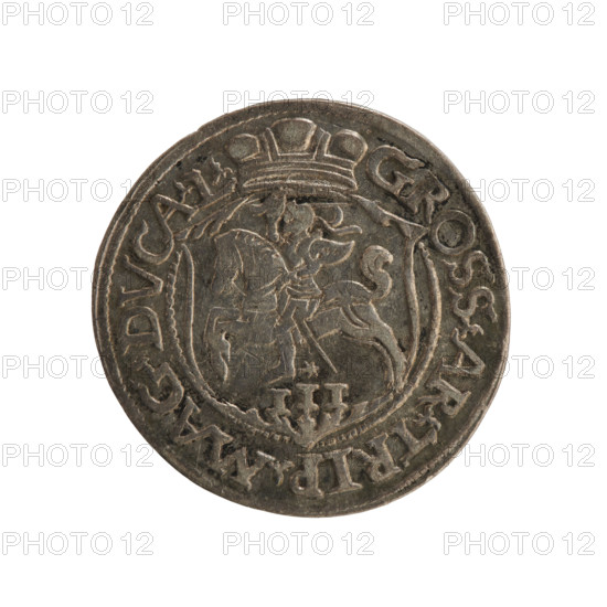 Lithuanian trojak, Sigismund II Augustus (king of Poland; 1544–1572), Tarlo, Gabriel (ca. 1486–1565), Jagiellonians (dynasty); coats of arms, monograms; Polish coin (royal monogram, Pogon/Lithuanian coat of arms, tied SA monogram); obverse: under the crown a tied monogram composed of the letters SA, flanked by the year 15 - 64, rim inscription: .SIGIS.AVG.DG - REX.POLO.MDL; reverse: under the prince's mitre, a shield with the Lithuanian Pahonia and the value number III, rim inscription: GROSS.AR.TRIP.MAG.DVCA.L; 1564; Grand Duchy of Lithuania, Poland; diameter ~21.0–21.3 mm; weight 2.96 g.