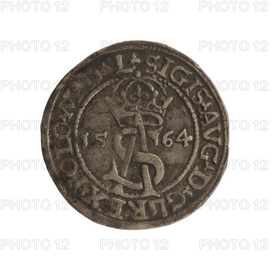 Lithuanian trojak, Sigismund II Augustus (king of Poland; 1544–1572); Gabriel Tarlo (ca. 1486–1565); Jagiellonian dynasty. Silver coin (trojak), 1564. Av.: under the crown a tied monogram composed of the letters SA; on sides the year 15-64; on the rim an inscription divided by the Topór coat of arms: .SIGIS.AVG.DG - REX.POLO.MDL. Rv.: under the ducal mitre, dividing the rim, a shield with the Lithuanian Pahonia and the value number III; in the rim the inscription: GROSS.AR.TRIP.MAG.DVCA.LI. Diameter approx. 21.0–21.5 mm; weight 2.67 g.