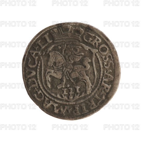 Lithuanian trojak, Sigismund II Augustus (king of Poland; 1544–1572), Tarlo, Gabriel (ca. 1486–1565), Jagiellonians (dynasty); coats of arms; SA monogram; Polish coin; monograms; royal tied monogram; Pogon (coat of arms; Lithuania); coats of arms under the ducal mitre. Obverse: under the crown a tied monogram composed of the letters SA, flanked by the date 15 - 64; on the rim inscription: .SIGIS.AVG.DG - REX.POLO.MDL. Reverse: under the ducal mitre dividing the rim, a shield with the Lithuanian Pahonia and the value number III; on the rim inscription: GROSS.AR.TRIP.MAG.DVCA.LI. Date: 1564. Place: Vilnius, Grand Duchy of Lithuania, Poland. Coin; diameter 21.0–21.5 mm; weight 2.67 g.