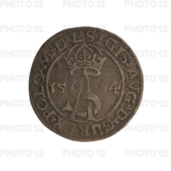 Lithuanian troika, Sigismund II Augustus (king of Poland; 1544–1572), Tarlo, Gabriel (ca. 1486–1565), Jagiellonians (dynasty), coats of arms, Polish coins, SA monogram, monograms, tied monograms, Pogon (coat of arms; Lithuania), heraldic shields, heraldic shields under a ducal mitre, royal monograms. Obverse: under the crown a tied monogram composed of the letters SA, on the sides year: 15 - 64, on the rim an inscription divided by the Topór coat of arms: .SIGIS.AVG.DG - REX.POLO.MDL. Reverse: under the prince's mitre dividing the rim, a shield with the Lithuanian Pahonia and the value number III, in the rim the inscription: GROSS.AR.TRIP.MAG.DVCA.L. 1564, Vilnius, Grand Duchy of Lithuania, Poland; coin; diameter 20.6–21.0 mm; weight 2.75 g.