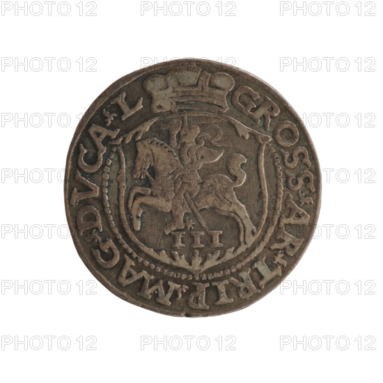 Lithuanian troika; Sigismund II Augustus (king of Poland; 1544–1572); Tarlo, Gabriel (ca. 1486–1565); Jagiellonians (dynasty); coats of arms; Polish coins; SA monogram; tied monograms; Pogon (coat of arms; Lithuania); heraldic shields; heraldic shields under a ducal mitre; royal monograms. WQXBCFS
I:\nmw crop ready cleaned\ WQXBCFS
I:\nmw crop ready cleaned\Obverse: under the crown a tied monogram composed of the letters SA; on the sides year: 15 - 64; on the rim an inscription divided by the Topór coat of arms: .SIGIS.AVG.DG - REX.POLO.MDL WQXBCFS
I:\nmw crop ready cleaned\Reverse: under the prince's mitre dividing the rim, a shield with the Lithuanian Pahonia and the value number III; in the rim the inscription: GROSS.AR.TRIP.MAG.DVCA.L WQXBCFS
I:\nmw crop ready cleaned\ WQXBCFS
I:\nmw crop ready cleaned\Date: 1564, Vilnius, Grand Duchy of Lithuania, Poland. Object: coin. Diameter: 20.6–21.0 mm. Weight: 2.75 g.
