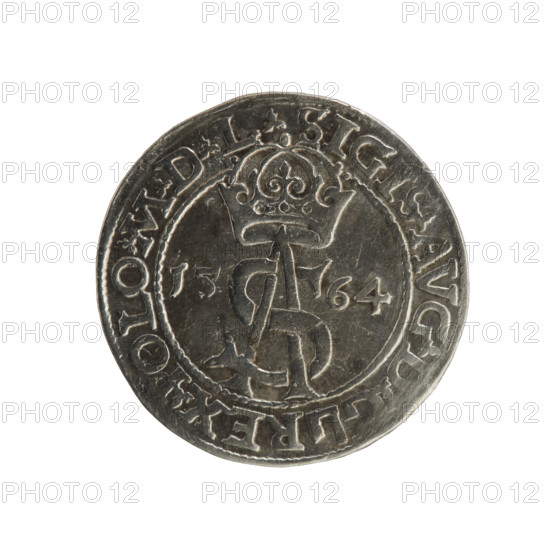 Lithuanian troika, Sigismund II Augustus (king of Poland; 1544–1572), Tarlo, Gabriel (ca. 1486–1565), coats of arms, Jagiellonians (dynasty), Polish coins, SA monogram, monograms, royal monograms, tied monograms, heraldic shields, heraldic shields under a ducal mitre, Pogon (coat of arms; Lithuania). Obverse: under the crown a tied monogram composed of the letters SA, flanked by the year 15 - 64; rim inscription divided by the Topór coat of arms: .SIGIS.AVG.DG - REX.POLO.MDL. Reverse: under the prince's mitre, a shield with the Lithuanian Pahonia and the value number III; rim inscription: GROSS.AR.TRIP.MAG.DVCA.LI. Dated 1564, Grand Duchy of Lithuania (Vilnius), Poland. Coin; diameter 20.8–21.0 mm; weight 2.95 g.