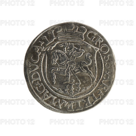 Lithuanian troika, Sigismund II Augustus (king of Poland; 1544–1572), Tarlo, Gabriel (ca. 1486–1565), coats of arms, Jagiellonians (dynasty), Polish coins, SA monogram, monograms, royal monograms, tied monograms, heraldic shields, heraldic shields under a ducal mitre, Pogon (coat of arms; Lithuania). Obverse: under the crown a tied monogram composed of the letters SA, flanked by the year 15 - 64; rim inscription divided by the Topór coat of arms: .SIGIS.AVG.DG - REX.POLO.MDL. Reverse: under the prince's mitre, a shield with the Lithuanian Pahonia and the value number III; rim inscription: GROSS.AR.TRIP.MAG.DVCA.LI. Date: 1564. Place: Vilnius, Grand Duchy of Lithuania (Poland). Coin; diameter 20.8–21.0 mm; weight 2.95 g.