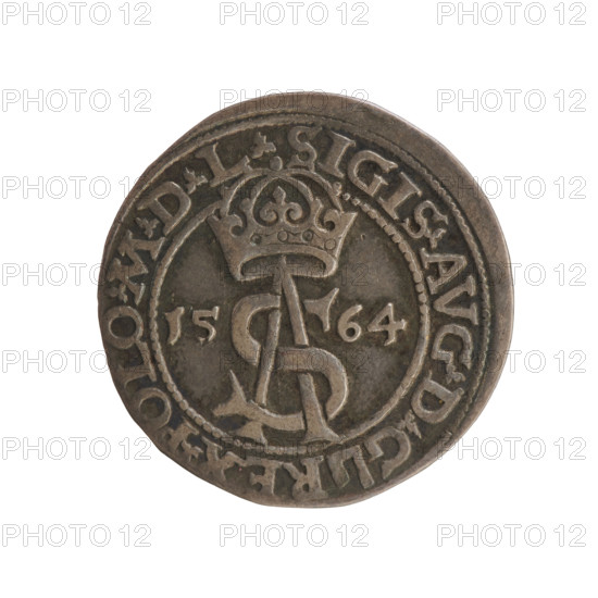 Lithuanian trojak, Sigismund II Augustus (King of Poland; 1544–1572). Aw: Under the crown a tied monogram composed of the letters SA; on the sides the year 15 - 64; on the rim an inscription divided by the Topór coat of arms: .SIGIS.AVG.DG - REX.POLO.MDL. Rw: Under the prince's mitre dividing the rim, a shield with the Lithuanian Pahonia and the value number III; in the rim the inscription: GROSS.AR.TRIP.MAG.DVCA.LI. Date: 1564. Maker/issuer: Tarlo, Gabriel (ca. 1486–1565); dynasty: Jagiellonians. Subject/details: coats of arms, royal monogram (SA), coat of arms escutcheons under the ducal mitre, tied monograms, Pogon (coat of arms; Lithuania). Function: coin. Place: Vilnius, Grand Duchy of Lithuania, Poland. Dimensions: diameter 21.0–21.5 mm; weight 2.82 g.