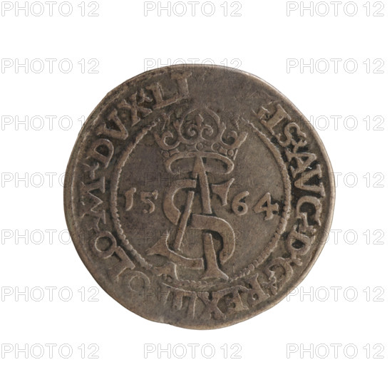 Lithuanian trojak, Sigismund II Augustus (king of Poland; 1544–1572); maker/issuer associations: Tarlo, Gabriel (ca. 1486–1565); Jagiellonians (dynasty); coats of arms; Polish coin featuring SA monogram and tied royal monogram; Pogon (coat of arms; Lithuania); coat of arms escutcheons under a ducal mitre. Obverse: under the crown a tied monogram composed of the letters SA, flanked by the year 15 - 64, rim inscription divided by the Topór coat of arms: GIS.AVG.DGREX - LO.M.DVX.LI. Reverse: under the ducal mitre, a shield with the Lithuanian Pahonia and the value number III; rim inscription: GROSS.AR.TRI .MAG.DVCA.L - ; date 1564. Mint: Vilnius, Grand Duchy of Lithuania, Poland. Coin; diameter ~21.0–21.2 mm; weight 2.92 g.