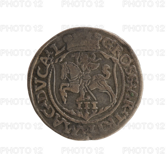 Lithuanian trojak, Sigismund II Augustus (king of Poland; 1544–1572); Jagiellonians (dynasty); coats of arms; Polish coin; SA monogram; tied monograms; Pogon (coat of arms; Lithuania); coat of arms escutcheons under a ducal mitre. Obverse: under the crown a tied monogram composed of the letters SA, flanked by the year 15 - 64, rim inscription divided by the Topór coat of arms: GIS.AVG.DGREX - LO.M.DVX.LI. Reverse: under the ducal mitre dividing the rim, a shield with the Lithuanian Pahonia and the value number III; rim inscription: GROSS.AR.TRI .MAG.DVCA.L - 1564. Vilnius, Grand Duchy of Lithuania, Poland. Coin; diameter 21.0–21.2 mm; weight 2.92 g.