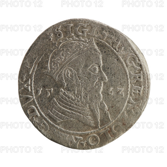 Lithuanian trojak, Sigismund II Augustus (King of Poland; 1544–1572). Silver coin (trojak), 1562. Obverse: crowned male bust in armour turned right, dividing the year 15 - 62, rim inscription: SIGIS·AVG·REX·OLO·M·G·DVX·L. Reverse: Lithuanian Pogon (Pursuit) facing left, below the value number III and the Column coat of arms; rim inscription: MAG·DVC·LITV·1562. Diameter c. 26.5–27.0 mm; weight c. 7 g. Iconography: royal bust, coats of arms, Jagiellon dynasty, male busts; inscriptions as above.