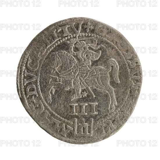 Lithuanian trojak, Sigismund II Augustus (King of Poland; 1520–1572). Obverse: crowned male bust in armour turned right, dividing the year 15 - 6Z, and rim inscription: .SIGIS.AVG.REX., OLO.M, G.DVX.L. Reverse: Lithuanian Pogon (Pursuit) facing left, below the value number III and the Column coat of arms dividing the rim inscription: G, SVS, IPL - MAG.DVC, .LITV, 1562. Jagiellon dynasty iconography; male bust; Polish–Lithuanian coin struck in Vilnius, Grand Duchy of Lithuania, diameter ~26.5–27.0 mm, weight ~7 g.