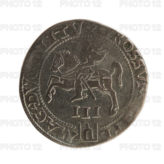 Lithuanian troika; Sigismund II Augustus (King of Poland; 1544–1572); coats of arms; Jagiellons (dynasty); royal bust; Polish coins; Pogon (coat of arms; Lithuania); Sigismund II Augustus (King of Poland; 1520–1572) — iconography; male busts. Obverse: Crowned male bust in armour turned right, dividing the year 15 - 6Z, and at the top dividing the rim inscription: GIS.AV X.POLO.MA VX.LI. Reverse: Lithuanian Pursuit facing left, below the value number III and the Column coat of arms dividing the inscription in the rim: ROSSVS PL - MAG.DV LITV. 1562, Vilnius, Grand Duchy of Lithuania, Poland. Coin; diameter 26.5–27.0 mm; weight 7.12 g.