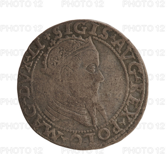 Lithuanian troika; Sigismund II Augustus (King of Poland; 1520–1572); Jagiellon dynasty; coats of arms; Polish coins; Pogon (coat of arms; Lithuania); royal male bust; iconography. Obverse: Crowned male bust in armour turned right, dividing the year, - 6Z, and at the top dividing the rim inscription: .SIGIS.AVG.REX.POLO.MAG.DVX.LI. Reverse: Lithuanian Pursuit facing left, below the value number III and the Column coat of arms dividing the inscription in the rim: GROSSVS.TRIPL - MAG.DVCA.LITV. Date: 1562, Vilnius, Grand Duchy of Lithuania, Poland. Coin; diameter 26.4–27.0 mm; weight 7.27 g.