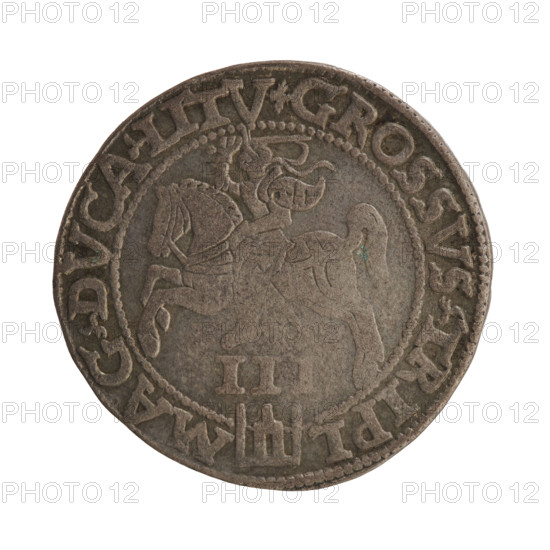 Lithuanian troika; Sigismund II Augustus (King of Poland; 1520–1572); Jagiellons (dynasty); coats of arms; Polish coins; Pogon (coat of arms; Lithuania); royal bust; male busts; iconography. Obverse: crowned male bust in armour turned right, dividing the year, - 6Z, and at the top dividing the rim inscription: .SIGIS.AVG.REX.POLO.MAG.DVX.LI. Reverse: Lithuanian Pursuit facing left, below the value number III and the Column coat of arms dividing the rim inscription: GROSSVS.TRIPL - MAG.DVCA.LITV. 1562, Vilnius, Grand Duchy of Lithuania, Poland. Coin; diameter 26.4–27.0 mm; weight 7.27 g.