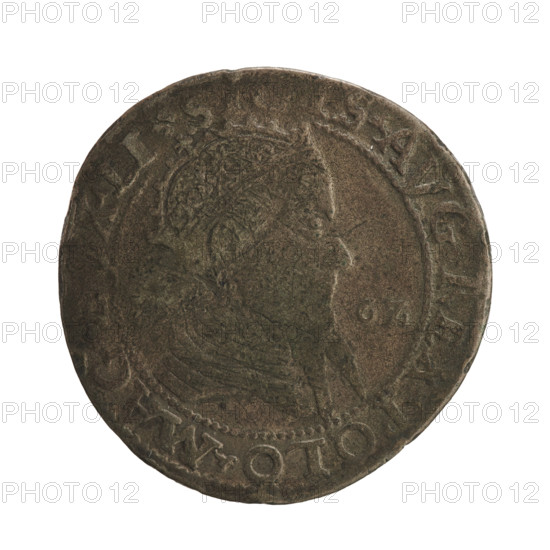 Lithuanian troika, Sigismund II Augustus (King of Poland; 1544–1572), coats of arms, Jagiellons (dynasty), Polish coins, royal bust, Pogon (coat of arms; Lithuania), Sigismund II Augustus (King of Poland; 1520–1572) - iconography, male busts. Obv.: Crowned male bust in armour turned right, dividing the year, - 6Z, and at the top dividing the rim inscription: .SIGIS.AVG.REX.POLO.MAG.DVX.LI. Rev.: Lithuanian Pursuit facing left, below the value number III and the Column coat of arms dividing the inscription in the rim: GROSSVS.TRIPL - MAG.DVCA.LITV. 1562, Vilnius, Grand Duchy of Lithuania, Poland. Coin, diameter ~27.0–27.3 mm, weight 6.62 g.