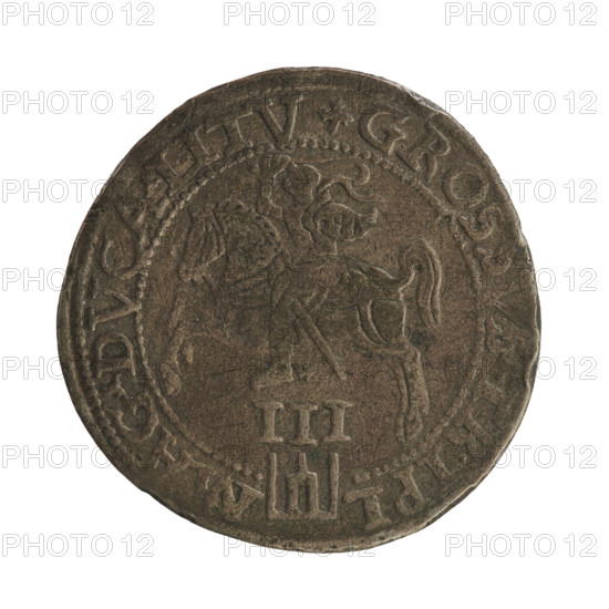 Lithuanian troika; Sigismund II Augustus (King of Poland; 1544–1572); coats of arms; Jagiellons (dynasty); Polish coins; royal bust; Pogon (coat of arms; Lithuania); Sigismund II Augustus (King of Poland; 1520–1572) — iconography; male busts. Obverse: Crowned male bust in armour turned right, dividing the year, - 6Z, and at the top dividing the rim inscription: .SIGIS.AVG.REX.POLO.MAG.DVX.LI. Reverse: Lithuanian Pursuit facing left, below the value number III and the Column coat of arms dividing the inscription in the rim: GROSSVS.TRIPL - MAG.DVCA.LITV. 1562. Vilnius, Grand Duchy of Lithuania, Poland. Coin. Diameter 27.0–27.3 mm. Weight 6.62 g.
