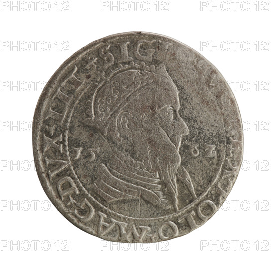 Lithuanian trojak, Sigismund II Augustus (King of Poland; 1544–1572); coats of arms; Jagiellons (dynasty); Pogon (coat of arms; Lithuania); Sigismund II Augustus (King of Poland; 1520–1572) — iconography; male busts; royal bust; Polish coin. Obverse: crowned male bust in armour turned right, dividing the year 15 - 6Z, and at the top dividing the rim inscription: .SIG, V, EX.POLO.MAG.DVX.LIT. Reverse: Lithuanian Pogon (Pursuit) facing left, below the value number III and the Column coat of arms dividing the inscription in the rim: .GRO, IPL - MAG.DVCA.LITV. Date: 1562, Vilnius, Grand Duchy of Lithuania, Poland. Coin; diameter 26.2–26.4 mm; weight 7.28 g.
