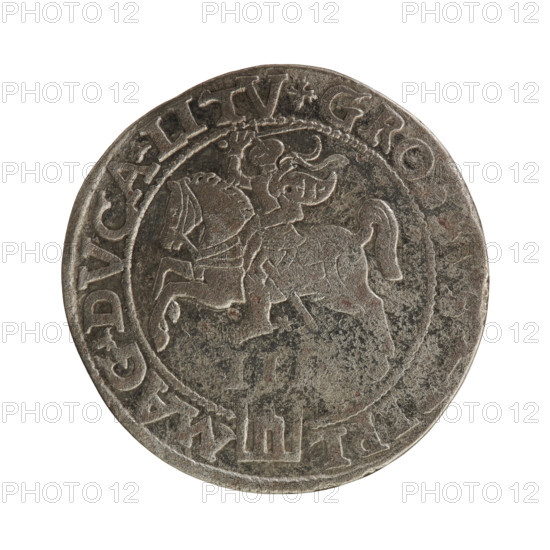 Lithuanian trojak, Sigismund II Augustus (King of Poland; 1544–1572). Coats of arms: Jagiellons (dynasty), Pogon (coat of arms; Lithuania). Iconography: crowned male bust in armour turned right (obverse), dividing the year 15 - 6Z, with rim inscription SIG V EX.POLO.MAG.DVX.LIT; reverse: Lithuanian Pursuit (Pogon) facing left, below the value number III and the Column coat of arms dividing the rim inscription GROS.IPOLO.MAG.DVCA.LIT. Date: 1562, Vilnius, Grand Duchy of Lithuania, Poland. Coin; diameter ~26.2–26.4 mm, weight 7.28 g.