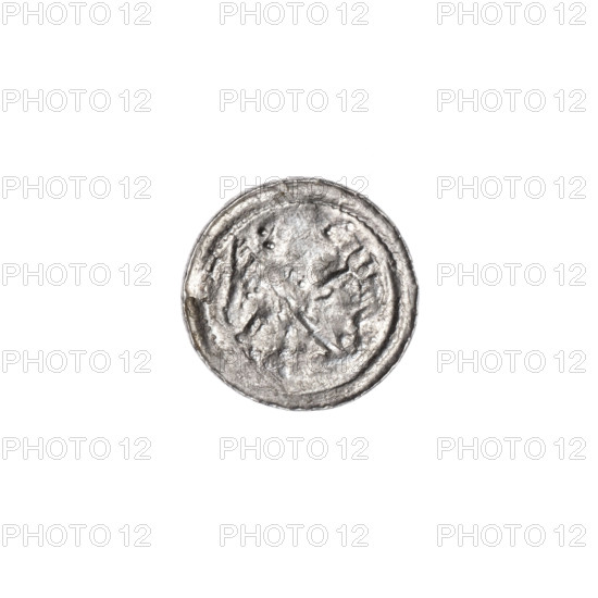 Denarius of Boleslaw III Krzywousty (prince of Poland; c. 1086–1138), Romanesque coin, ca. 1125–1138, made in Kraków, Poland. Obverse: in a beaded border, a knight in chain mail thrusting a spearhead into the jaws of an upside-down dragon (iconography: knight, chain mail, spearhead, jaws, dragon; themes: fight between good and evil, fight against pagans; possible reference to St. Adalbert). Reverse: in a triple beaded border, an isosceles cross topped with balls; between its arms, in two quarters one ball each, in the other two quarters radiating two balls (smaller ones closer to the center, larger ones farther out). Diameter approx. 11.9–12.2 mm; weight 0.32 g.