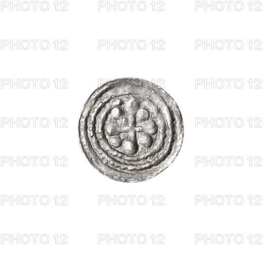 Denarius, Boleslaw III Krzywousty (prince of Poland; 1107–1138). Romanesque coin, ca. 1125–1138, Poland, Kraków. Obverse: in the beaded border, a knight in chain mail thrusting a spearhead into the jaws of an upside-down dragon (iconography: knight, chain mail, spearhead, jaws, dragon, fight between good and evil, fight against pagans, martyrs, Adalbert). Reverse: in the triple beaded border, an isosceles (equal-armed) cross topped with balls; between its arms, in two quarters one ball each, in the other two quarters radiating two balls (smaller ones closer to the center, larger ones farther). Diameter 11.9–12.2 mm; weight 0.32 g.