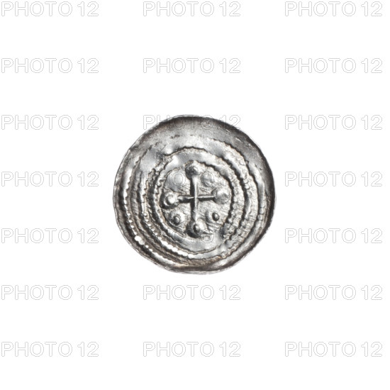 Denarius, Boleslaw III Krzywousty (Prince of Poland; 1107–1138). Obverse: in the linear border, a knight in chain mail thrusting a spearhead into the jaws of an upside-down dragon. Reverse: in the triple beaded border, an isosceles cross topped with balls (one dot on each); between its arms, one ball (three of them have one dot; the fourth may also have one but is obscured by under-striking). Iconography: spearhead, chain mail, equal-armed cross, jaws, knight, dragon, fight between good and evil, fight against pagans, martyrs; Romanesque style. Associated names/figures: Adalbert (Saint; ca. 956–997). Date: ca. 1125–1138. Place: Kraków, Poland. Object: coin (denarius). Diameter: 11.3–11.8 mm. Weight: 0.46 g.