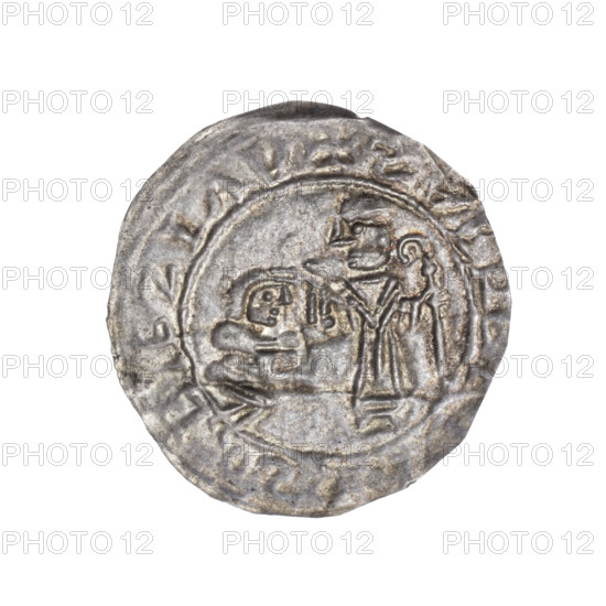 Bracteate depicting Boleslaw III Wrymouth (Prince of Poland; 1086–1138) and St. Adalbert (ca. 956–997); Romanesque, Middle Ages. In a pearl border, on the left side facing right, a kneeling prince shown in profile with hands outstretched toward the bishop standing before him. St. Adalbert, dressed in liturgical vestments, holds a crosier in his left hand while his right hand rests on the prince's head. Inscription +SALRBLEZLAV; dated 1135–1138. Coin (bracteate), Poland (Kraków/Gniezno). Diameter ~24.8–25.8 mm; weight 0.27 g.
