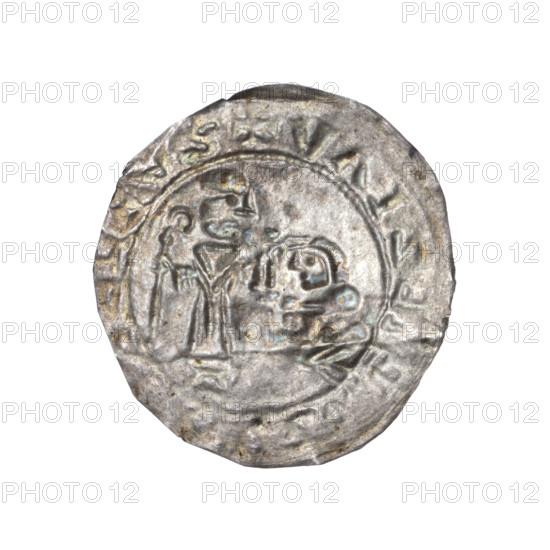 Bracteate, Boleslaw III Wrymouth (Prince of Poland; 1086–1138). Romanesque, Middle Ages, dated 1135–1138. Obverse: In a pearl border, on the left side, facing right, a kneeling prince shown in profile with hands outstretched toward a standing bishop. St. Adalbert, dressed in liturgical vestments, holds a crosier in his left hand and rests his right hand on the prince's head. Inscription around the rim: +SALRBLEZLAV. Motifs: bishop, bishops, crosier, kneeling prince, gesture of care, liturgical vestment. Coin (bracteate), Poland (Kraków/Gniezno). Diameter ca. 24.8–25.8 mm; weight 0.27 g.
