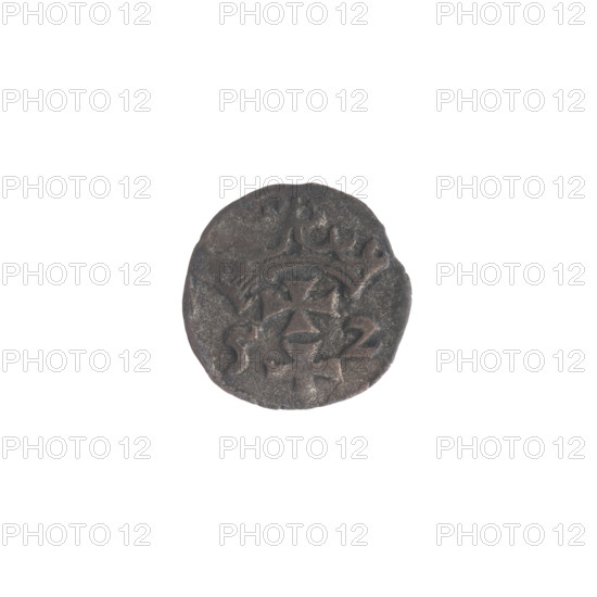 Gdansk denarius, Sigismund II Augustus (King of Poland; 1544–1572), Jagiellon dynasty. Obverse: border with the Eagle of Royal Prussia. Reverse: border with the coat of arms of Gdansk; on the sides numerals of the date 5 - 2, 1552. Motifs: coats of arms, eagles. Coin from Gdansk, Poland. Weight 0.31 g; diameter ~11.7–12.0 mm.