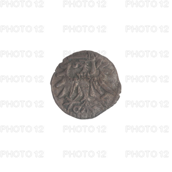 Gdansk denarius, Sigismund II Augustus (King of Poland; 1544–1572). Obverse: in the border the Eagle of Royal Prussia. Reverse: in the border the coat of arms of Gdansk, with numerals of the date 5 - 0, 1550 at the sides. Emblems: Jagiellon dynasty, Gdansk coat of arms, eagles. Polish coin. Coin diameter 12.0–12.9 mm; weight 0.34 g.