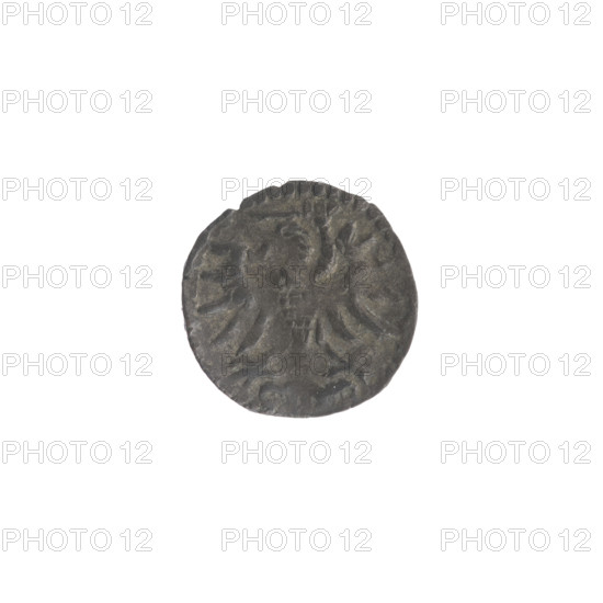Gdansk denarius, Sigismund II Augustus (King of Poland; 1544–1572); emblems of the Jagiellon dynasty; Gdansk coat of arms; eagles. Obverse: in the border the Eagle of Royal Prussia. Reverse: in the border the coat of arms of Gdansk, with numerals of the date 5 - 4, 1554. Poland, Gdansk; coin. Diameter 12.0–12.2 mm; weight 0.37 g.