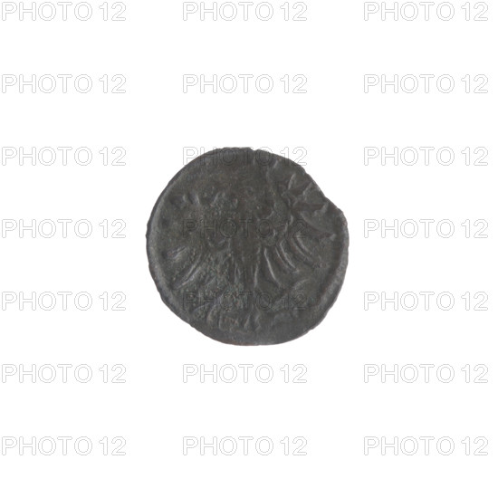Gdansk denarius, Sigismund II Augustus (King of Poland; 1544–1572). Obverse: in the border the Eagle of Royal Prussia. Reverse: in the border the coat of arms of Gdansk, with numerals of the date 5 - 4, 1554. Emblems of the Jagiellon dynasty; Gdansk coat of arms; eagles. Polish coin, diameter 12.0–13.0 mm, weight 0.29 g.