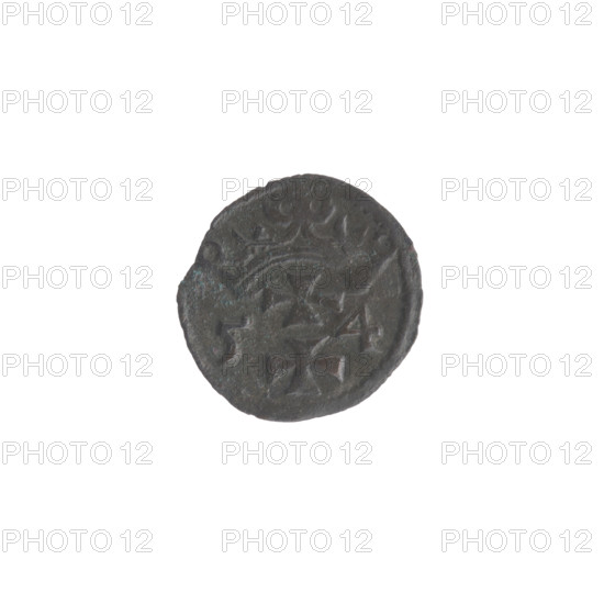 Gdansk denarius, Sigismund II Augustus (King of Poland; 1544–1572); emblems of the Jagiellon dynasty; coat of arms of Gdansk; eagles. Obverse: in the border the Eagle of Royal Prussia. Reverse: in the border the coat of arms of Gdansk, flanked by numerals of the date 5 - 4, 1554. Poland, Gdansk; coin. Diameter: 12.0–13.0 mm. Weight: 0.29 g.