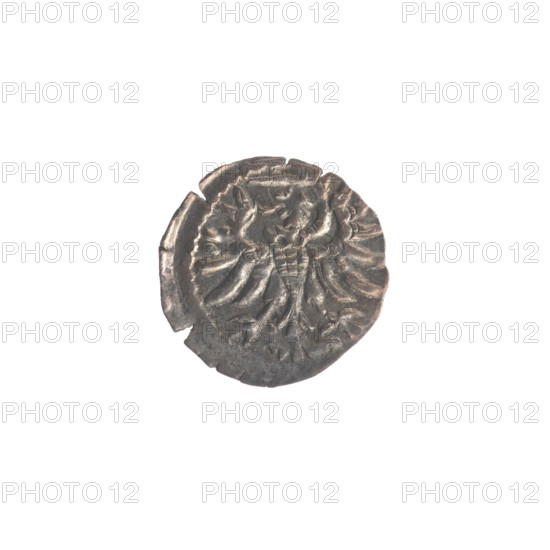 Gdansk denarius, Sigismund II Augustus (King of Poland; 1544–1572). Obverse: in the border the Eagle of Royal Prussia. Reverse: in the border the coat of arms of Gdansk, on the sides the numerals of the date 5 - 5, 1555. Emblems of the Jagiellon dynasty; Gdansk coat of arms; eagles; city coats of arms. Poland, Gdansk. Coin. Diameter 13.0–13.2 mm; weight 0.27 g.