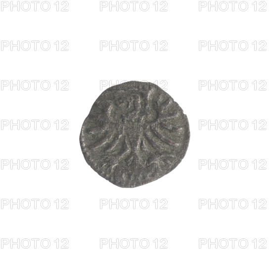 Gdansk denarius, Sigismund II Augustus (King of Poland; 1544–1572). Obverse: in the border the Eagle of Royal Prussia. Reverse: in the border the coat of arms of Gdansk, on the sides the numerals of the date 5 - 5, 1555. Emblems: Jagiellon dynasty, eagles, Gdansk coat of arms. Polish coin, diameter 11.8–12.7 mm, weight 0.37 g.