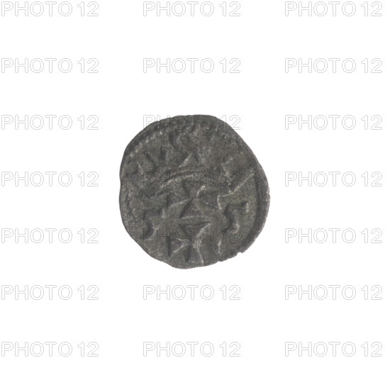 Gdansk denarius, Sigismund II Augustus (King of Poland; 1544–1572); emblems of the Jagiellon dynasty; eagles; Gdansk coat of arms; Polish coin showing city coat of arms. Obverse: in the border the Eagle of Royal Prussia. Reverse: in the border the coat of arms of Gdansk, with date numerals 5 - 5, 1555. Poland, Gdansk; coin; diameter 11.8 mm and 12.7 mm; weight 0.37 g.