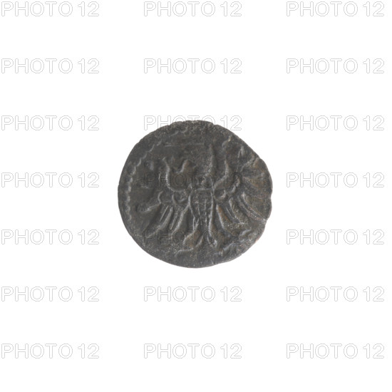 Gdansk denarius, Sigismund II Augustus (King of Poland; 1544–1572); obverse: in the border the Eagle of Royal Prussia; reverse: in the border the coat of arms of Gdansk, on the sides the numerals of the date 5 - 4, 1554. Features: coats of arms, Gdansk coat of arms, Jagiellon dynasty, city coats of arms, eagles; Polish coin. Diameter: 11.7–12.3 mm. Weight: 0.24 g.