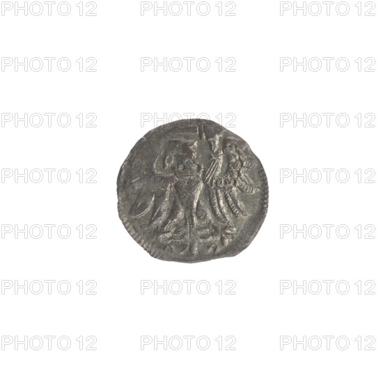 Gdansk denarius, Sigismund II Augustus (King of Poland; 1544–1572); obverse: in the border the Eagle of Royal Prussia; reverse: in the border the coat of arms of Gdansk, on the sides numerals of the dates 5 - 7, 1557; motifs: coats of arms, Jagiellons dynasty, Gdansk coat of arms, eagles; Poland; coin; diameter 11.6–12.0 mm; weight 0.3 g