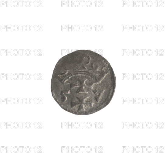 Gdansk denarius, Sigismund II Augustus (King of Poland; 1544–1572). Obverse: in the border the Eagle of Royal Prussia. Reverse: in the border the coat of arms of Gdansk, with numerals of the date 5 - 7, 1557. Emblems: Jagiellon dynasty, eagles, Gdansk coat of arms. Polish coin, diameter 12.0–12.2 mm, weight 0.37 g.